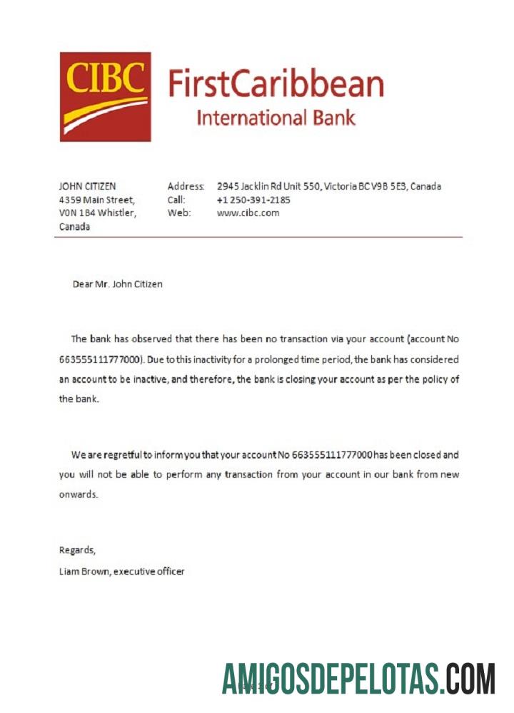 Referência de fechamento do banco CIBC do Canadá exemplo